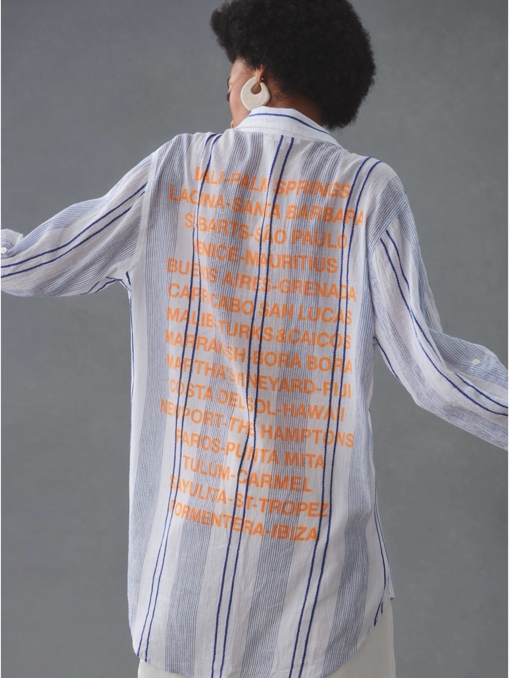 Sundry: Lightweight Blue & White Striped Shirt Jacket with Orange Back Print